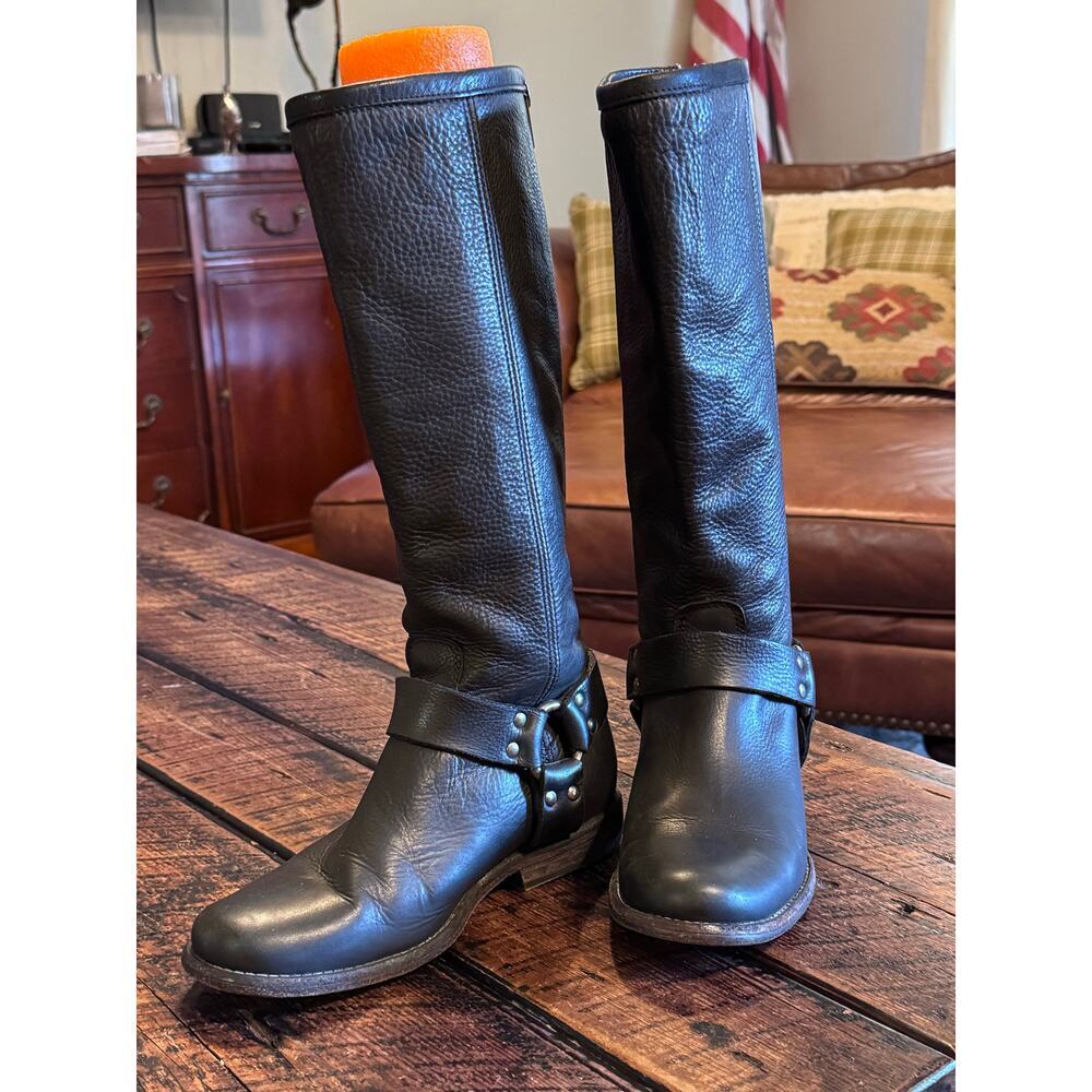 Womens Size 5.5 Black Leather FRYE "Olivia" Tall Zip Up Harness and Buckle Boots - Picture 3 of 17